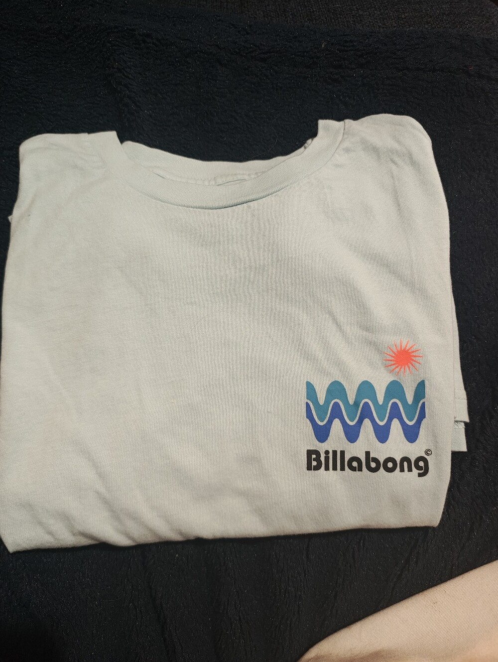Billabong Light Mint Short Sleeve Tee with Blue Wave Graphic and Coral Sun